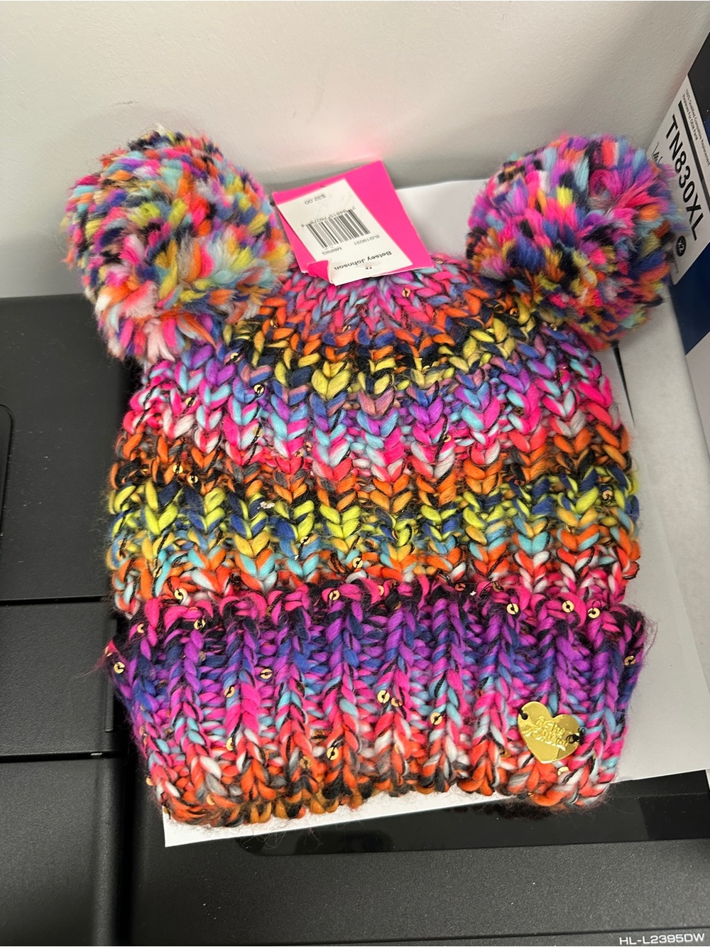 Betsey Johnson double pom-pom knit beanie multicolor rainbow sequin new